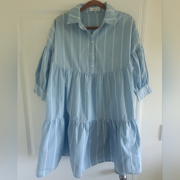 MANGO Puff Sleeves Mini cotton dress light blue, striped - Picture 5 of 6